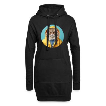 Strenge Katze mit Brille in Regenjacke - Hoodie-Kleid - Schwarz - Vorne