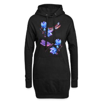 Libellen fliegen zwischen blauen Blumen - Hoodie-Kleid - Schwarz - Vorne