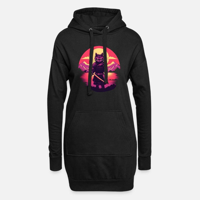 Synthwave samurai Cat - Hoodie-Kleid - Schwarz
