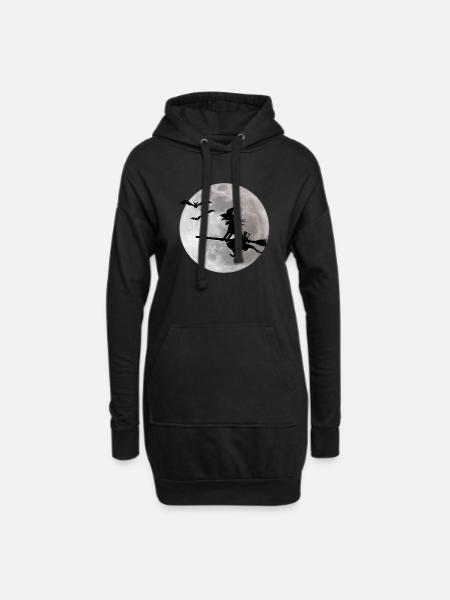Halloween Hexe mit Katze fliegt am Himmel - Hoodie-Kleid - Schwarz