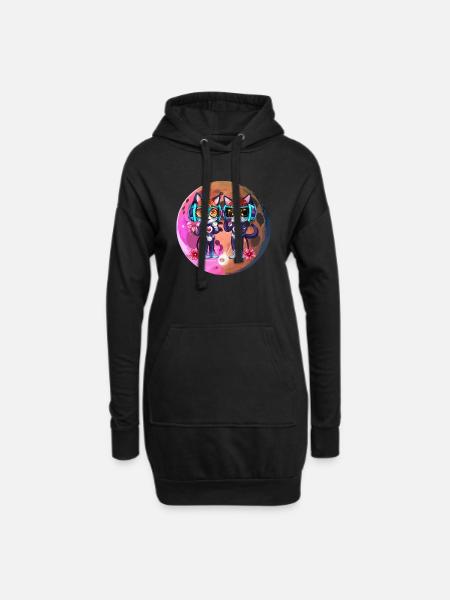 Coole Mond Katzen mit Kopfhörer - Hoodie-Kleid - Schwarz