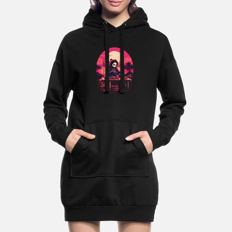 Synthwave mangeant Panda Japon Coucher de soleil Sweat-shirt à capuche long Femme