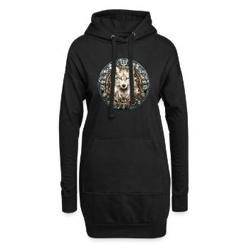 Loup Blanc, Fleurs, Style Verre Plombé, Animaux, Vintage - Sweat-shirt à capuche long Femme - noir - Devant