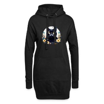 Katze mit Blumen und Sternen - Hoodie-Kleid - Schwarz - Vorne
