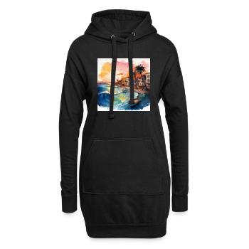 Vibrant Coastal Sunset Scene with Boats and Waves - Hoodie Dress - black - Front