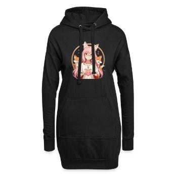Fox Girl: Charm im Anime-Stil mit 2 Füchsen - Hoodie-Kleid - Schwarz - Vorne