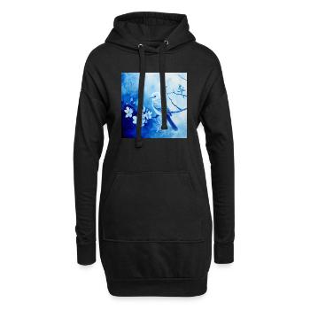 Singvogel Ast Blüten Blautöne filigran Zeichnung - Hoodie-Kleid - Schwarz - Vorne