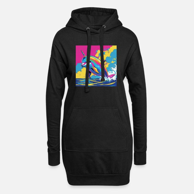 Pop Art Regenbogen Einhorn Delfin - Hoodie-Kleid - Schwarz