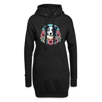 Border Collie Rétro Pastel Floral Bleu Merle - Sweat-shirt à capuche long Femme - noir - Devant