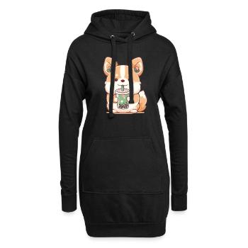 Kawaii Corgi Dog Drinks Boba Bubble Tea Chibi - Sweat-shirt à capuche long Femme - noir - Devant