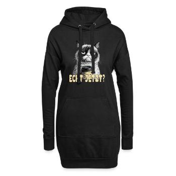 Lustige Katze mit Kaffee und Spruch; Echt jetzt? - Hoodie-Kleid - Schwarz - Vorne