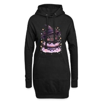 Sorcières - Chat Sorcier Kawaii - Sweat-shirt à capuche long Femme - noir - Devant