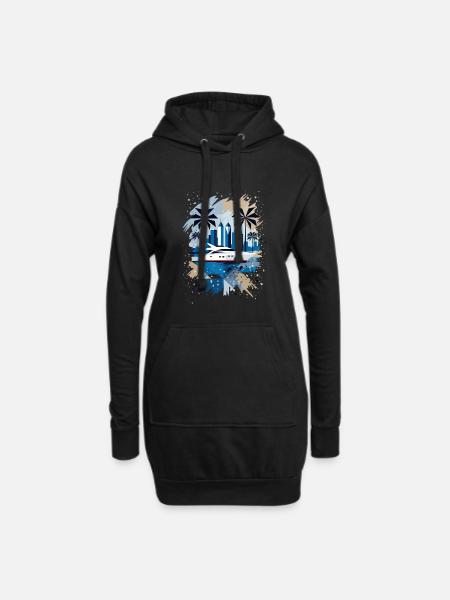 Seaside panorama with yacht and palm trees - Hoodie Dress - black