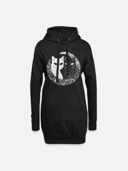 Yin und Yang Katzen, weiß und schwarz mit Mustern - Hoodie-Kleid - Schwarz