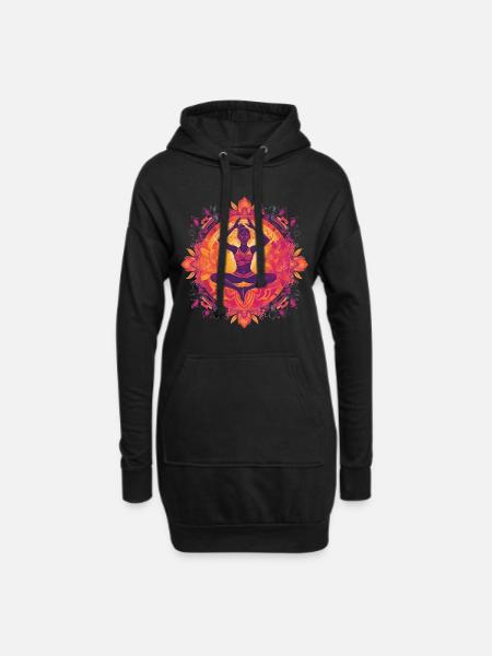Lila/Pink/Gelbes Buddha Yoga Motiv mit Ornamenten - Hoodie-Kleid - Schwarz