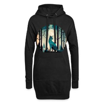 Geometrische Katze im Wald mit Vollmond - Hoodie-Kleid - Schwarz - Vorne