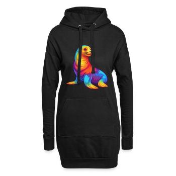 Lion de mer Kawaii coloré dessin animé Animal marin - Sweat-shirt à capuche long Femme - noir - Devant