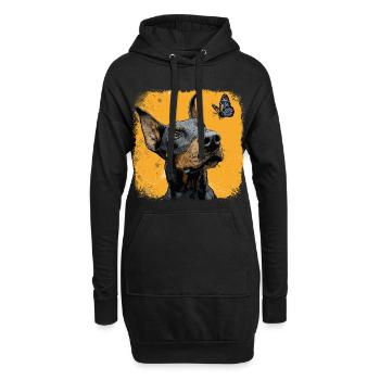 Drôle de doberman et de papillon sur orange - Sweat-shirt à capuche long Femme - noir - Devant
