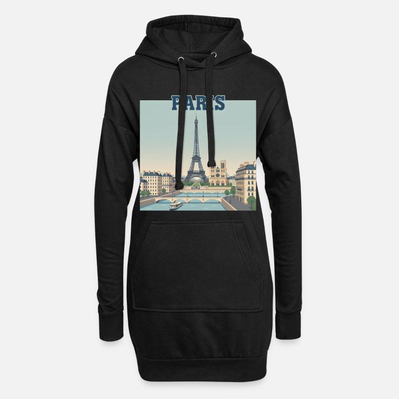 Paris Skyline Eiffel Print - Hoodie Dress - black