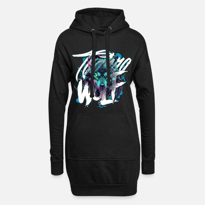 Neon Techno Wolf Head–Rave Wolf - Hoodie Dress - black