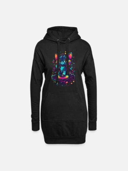 Süße Katze mit Kopfhörern und Vinyl Schallplatte - Hoodie-Kleid - Schwarz