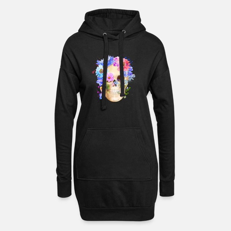 Farbenfroher Schädel mit Blumen Mohn - Hoodie-Kleid - Schwarz