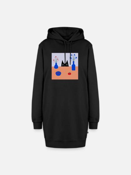Tischspion Verspieltes Katzen- und Blumenmuster - Hoodie-Kleid - Schwarz