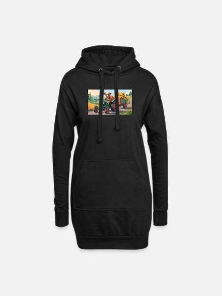 Kuh auf grünem Traktor mit Heuwagen - Hoodie-Kleid - Schwarz