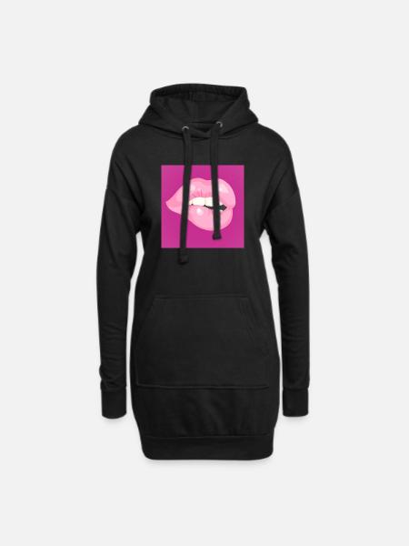 Glossy Pink Lip Bite on Magenta - Hoodie Dress - black