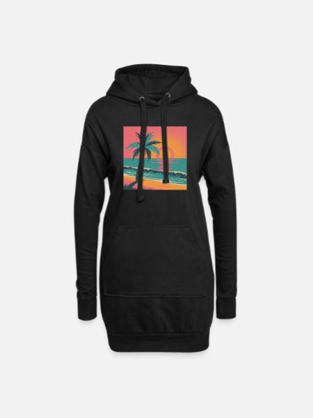 Retro-Sonnenuntergangspalme über Ozean - Hoodie-Kleid - Schwarz