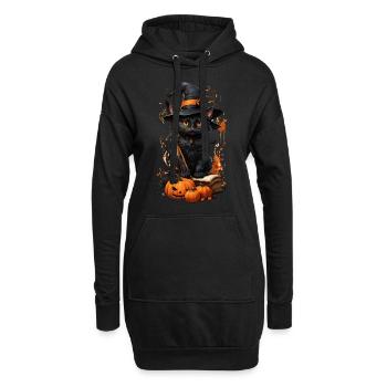 Chat enchanté d’Halloween: manche à balai magique - Sweat-shirt à capuche long Femme - noir - Devant