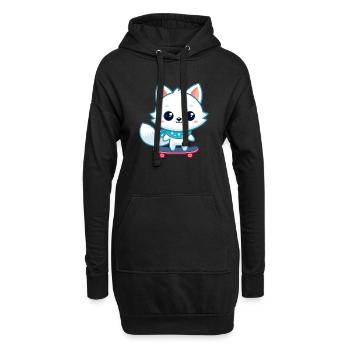 Weißer Fuchs auf blauem Skateboard - Hoodie-Kleid - Schwarz - Vorne
