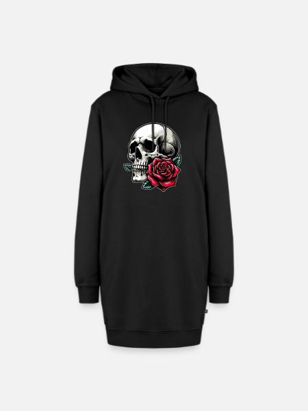 Skull mit Rose zwischen den Zähnen - Hoodie-Kleid - Schwarz