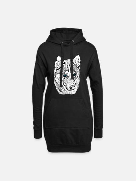 Wolfskopf Zeichnung Blaue Augen - Hoodie-Kleid - Schwarz