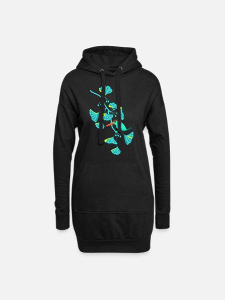 Eisvogel und Ginkgo - Hoodie-Kleid - Schwarz