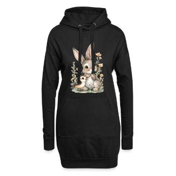 Lapin et oiseau parmi les fleurs – kawaii 🐰🐦 - Sweat-shirt à capuche long Femme - noir - Devant