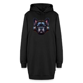 französische Bulldogge mit Kopfhörer - Hoodie-Kleid - Schwarz - Vorne - AI Model Female 172 light (172cm)