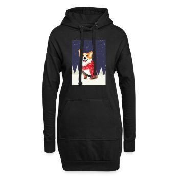 Corgi mit rot-weißem Weihnachtsschal - Hoodie-Kleid - Schwarz - Vorne