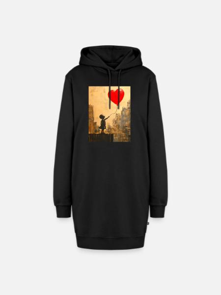 Banksy Style - Kind mit Herz-Ballon - Liebe - Hoodie-Kleid - Schwarz