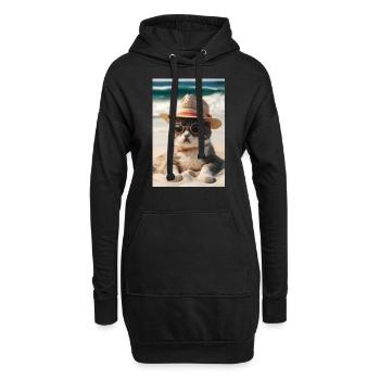 Coole Katze am Strand mit Sonnenbrille und Hut - Hoodie-Kleid - Schwarz - Vorne