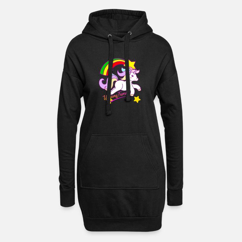 Regenbogen-Einhorn Forever - Hoodie-Kleid - Schwarz