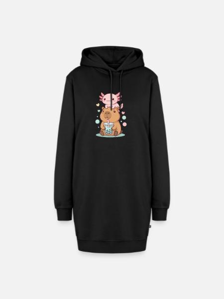 Kawaii Capybara mit Axolotl Bubble Tea - Hoodie-Kleid - Schwarz