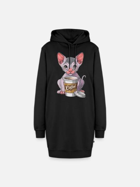 Nacktkatze mit Kaffee - Hoodie-Kleid - Schwarz