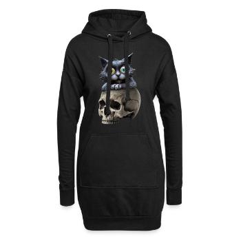 Eine mysteriöse Katze, stattlich auf einem Totenkopf sitzend - Hoodie-Kleid - Schwarz - Vorne