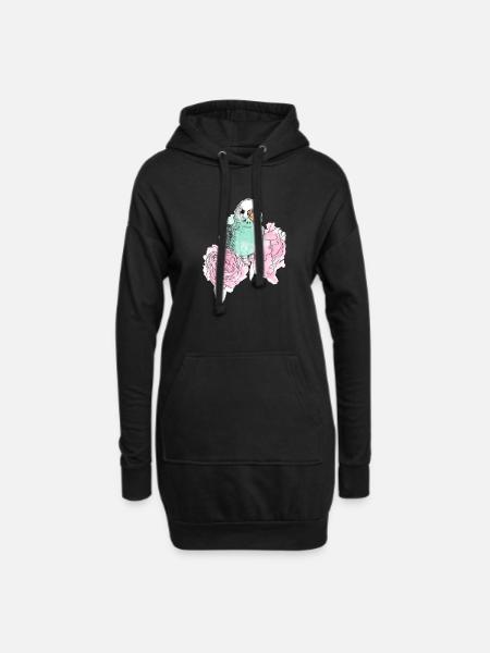 Wellensittich und Pfingstrosen - Hoodie-Kleid - Schwarz