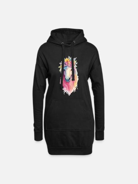 Pferd mit Blumen - Hoodie-Kleid - Schwarz