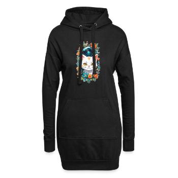 Katze und Blume Aquarell - Hoodie-Kleid - Schwarz - Vorne