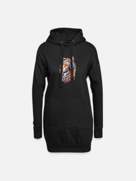 Katze hört Musik - Hoodie-Kleid - Schwarz