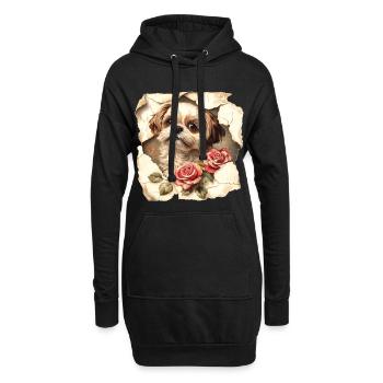 Shih Tzu Blumen - Hoodie-Kleid - Schwarz - Vorne