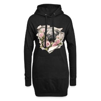 Mops Blumen Vintage - Hoodie-Kleid - Schwarz - Vorne